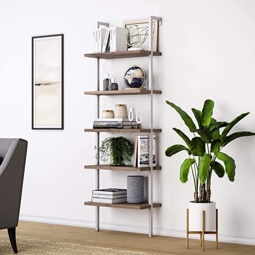 Nathan James Theo 5-Shelf Wood Modern Open Wall Mount Ladder Bookshelf with Industrial Metal Frame, Brown/White - E-Comm Return, Appears New - Lot 254