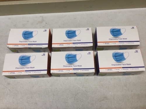 Lot of (6) New 50-Packs of Disposable Face Masks - Lot 298