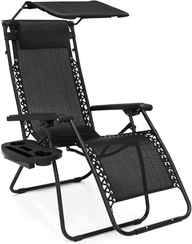 Best Choice Products Folding Zero Gravity Outdoor Recliner Patio Lounge Chair w/Adjustable Canopy Shade, Headrest, Side Accessory Tray, Textilene Mesh - Black. Appears New.  - Lot 322