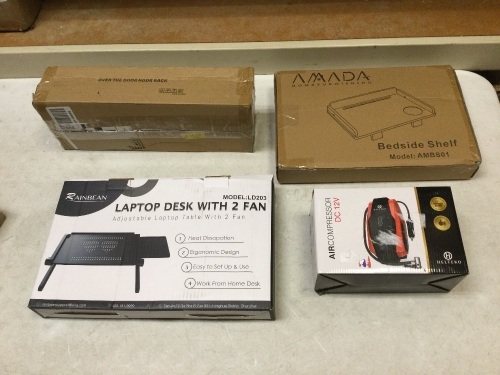 Bedside Shelf, 12V Air Compressor, Laptop Desk, and Over the Door Hook Rack. Unknown Condition - Lot 405