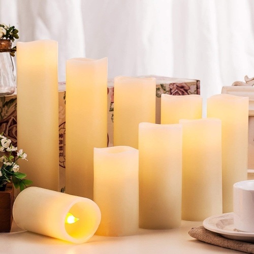 Pandaing Flameless Candles Battery Operated LED Pillar with Remote Control, 24 Hours Timer, Ivory Color, Set of 9 - Appears New - Lot 472