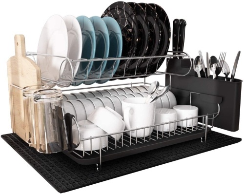 Large Stainless Steel 2 Tier Dish Rack with Drainboard Set for Kitchen Counter. NEW - Lot 487