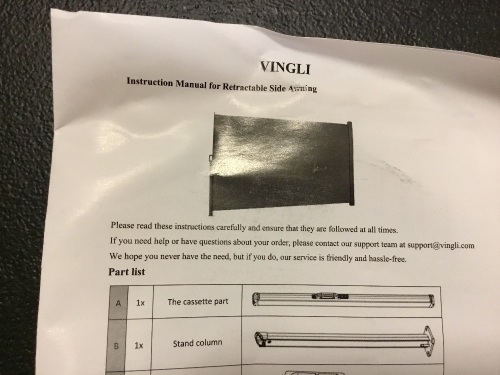 Vingli Retractable Side Awning, Unknown Details - Appears New - Lot 518