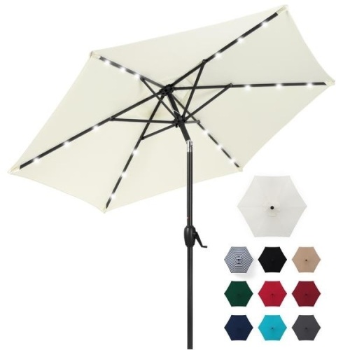 7.5ft Outdoor Solar Patio Umbrella w/ Push Button Tilt, Crank Lift - White. Appears New - Lot 532