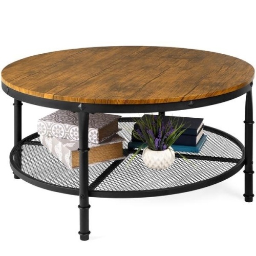 2-Tier 35.5" Round Industrial Wood & Steel Coffee Table, Storage Shelves. Appears New - Lot 536