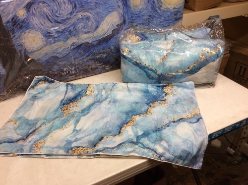 BlessLiving Blue & Gold Marbled Comforter Set, Full/Queen, Comforter & 2 Pillowcases - E-Comm Return, Appears New  - Lot 629