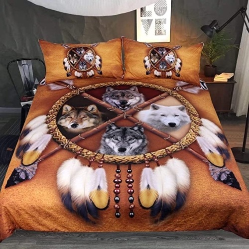 Sleepwish 4 Wolves Dreamcatcher Bedding Golden Brown Duvet Cover Vintage Feather Bedding Cover Set, Unknown Size - E-Comm Return, Appears New  - Lot 724