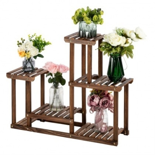 Artisasset 4-Story 7-Seat Indoor And Outdoor Multi-Function Carbonized Wood Plant Stand - E-Comm Return, Appears New in Damaged Box - Lot 889