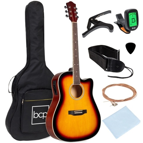 41in Beginner Acoustic Electric Cutaway Guitar Set w/ Case, Strap - Lot 1550