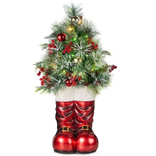 Santa Boots w/ Pre-Decorated Christmas Greenery, Lights - 40in - Lot 2237