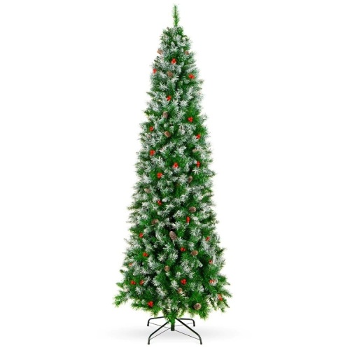 Partially Flocked Spruce Pencil Christmas Tree w/ Berries, Pine Cones - 6ft - Lot 2296