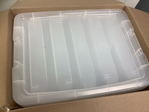 Box of 6 Plastic Storage Totes, New w/ Damaged Lids - Lot 11