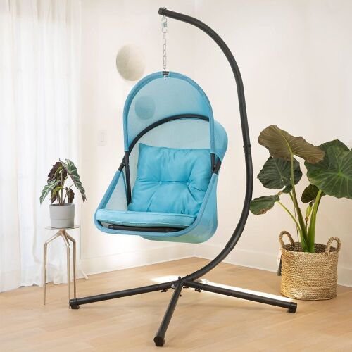 Barton Hanging Chair Egg Chair with Canopy and Cushion for Indoor/Outdoor Basket Lounge Collapsible Egg Chair Seat, Aqua - Lot 156