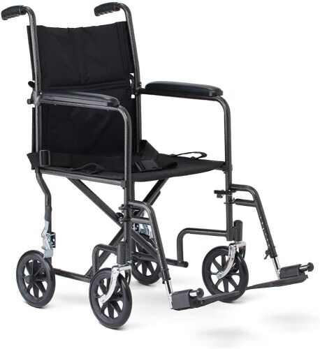 Medline Steel Folding Transport Wheelchair with 8-Inch Wheels, Lightweight, Full Length Armrests and Swing Away Footrests, 19-Inch Wide Seat - Lot 336