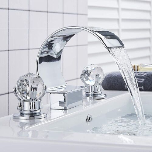 Rozin Arc Waterfall Spout Bathtub Filler Faucet 2 Crystal Knobs Vanity Basin Mixer Tap 8-inch and Upwards Widespread Chrome Finish - Lot 396