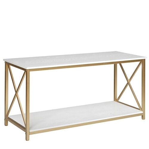 2 Tier Console Table w/ Lower Storage Shelf, Gold Metal Frame & Faux Marble Top  - Lot 448