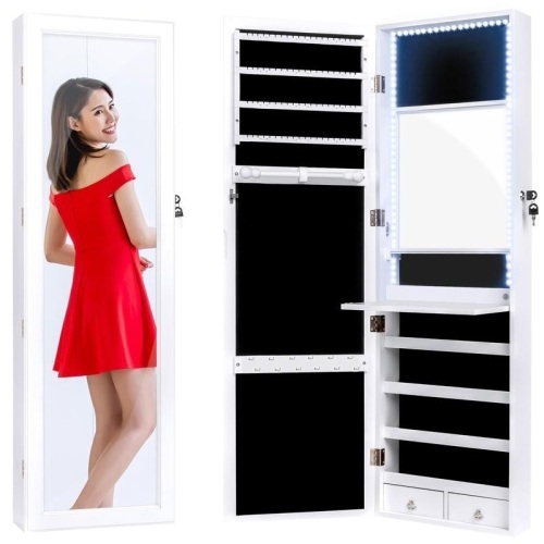 Door/Wall Mount Mirror Jewelry Cabinet Armoire w/ Inside Mirror, LED Lights  - Lot 574