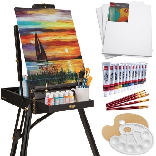 Portable Wooden French Easel w/ 32pc Beginners Kit - Lot 579