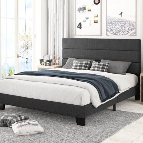 Amolife King Size Fabric Upholstered Platform Bed Frame with Headboard, Dark Grey - Lot 599