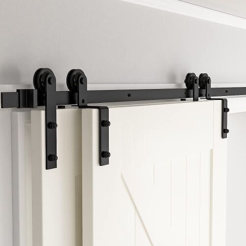 Skysen 6FT Heavy Duty Sliding Barn Door Hardware Single Track Bypass Double Door Kit Black (Bypass I Shape-1) - Lot 614