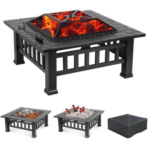 LAZY BUDDY 32'' Wood Burning Fire Pit Table with Waterproof Cover - Lot 626