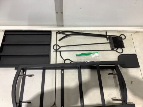 5-Piece Firewood Log Rack Holder Tools Set w/ Hook, Broom, Shovel, Tongs - Lot 669