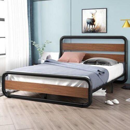 Metal Bed Frame with Wooden Headboard & Footboard, Noise Free, No Box Spring Needed, Queen  - Lot 757
