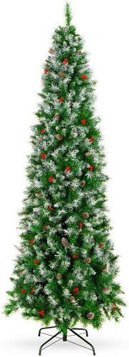 7.5ft Pre-Decorated Pine Hinged Artificial Slim Christmas Pencil Tree w/ 1,075 Flocked Frosted Tips, 46 Pine Cones, 50 Berries, Metal Base - Lot 772