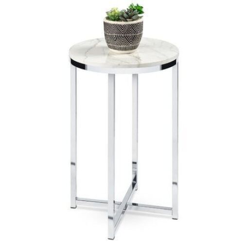 Round Coffee Side Table w/ Faux Marble Top, Metal Frame - 16in - Lot 801