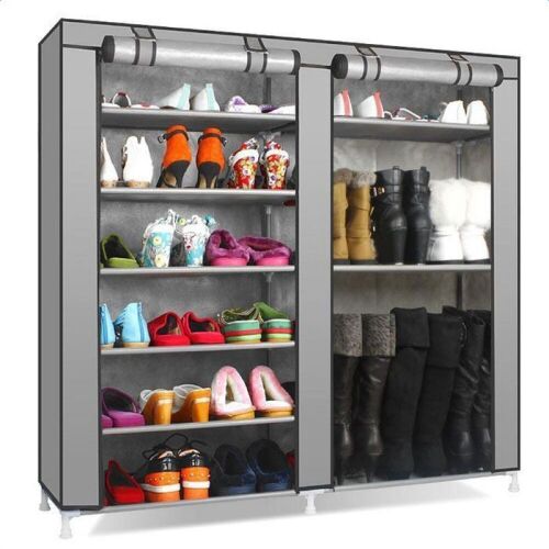 9 Tier Double Rows Shoe Boot Closet Rack Shelf Storage Organizer Cabinet Grey - Lot 805