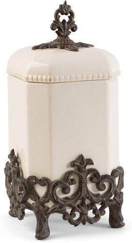 15-Inch Tall Provencial Cream Canister with Brown Metal Scrolled Base - Lot 874
