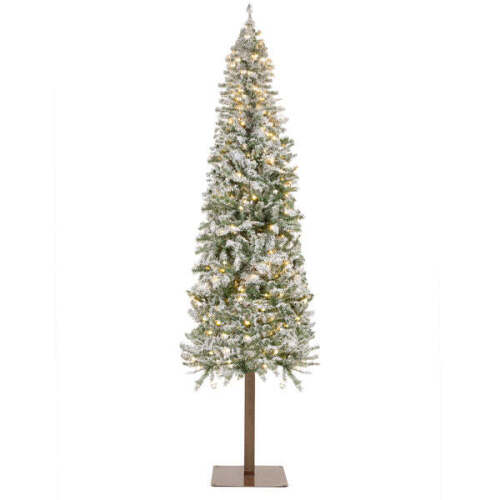 Pre-Lit Snow Flocked Alpine Slim Pencil Christmas Tree w/ LED Lights, Stand - Lot 2600