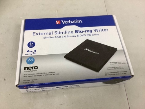 Verbatim External Slimline Blu-ray Writer, Powers Up, Appears New - Lot 400