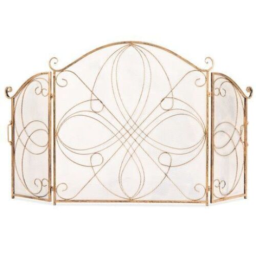 3-Panel Wrought Iron Metal Fireplace Screen Cover w/ Scroll Design - 55x33in - Lot 124