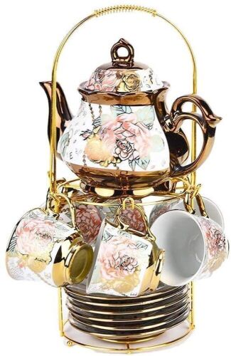 DaGiBayCn 20 Piece European Ceramic Tea Set With Metal Holder - Lot 418