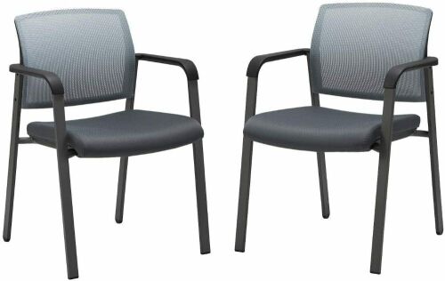 Mesh Back Stacking Guest Arm Chairs Upholstered Fabric Seat, Set of 2  - Lot 556