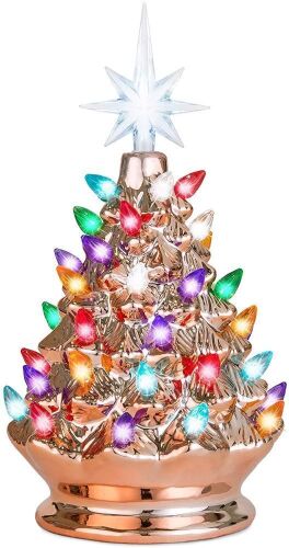 9.5in Pre-Lit Hand-Painted Ceramic Tabletop Christmas Tree Holiday Decor w/Multicolored Lights, 3 Star Toppers - Rose Gold - Lot 604