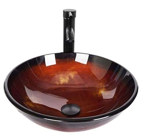 Elecwish Bathroom Vessel Sink with Faucet Mounting Ring and Pop Up Drain, Tempered Glass Basin, 16.5" L - Lot 1155