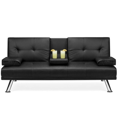 Faux Leather Upholstered Convertible Sofa Bed Futon with 2 Cupholders, Black - Appears New  - Lot 107