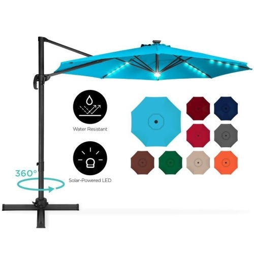 360-Degree LED Cantilever Offset Patio Umbrella with Tilt, 10ft, Light Blue - Appears New   - Lot 202