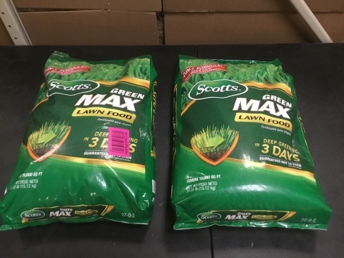 (2) 33 lb. Bags of Scotts Green Max Lawn Food. Small Hole on Both Bags - Lot 234