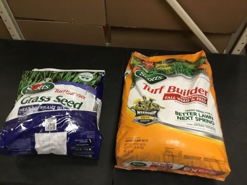 Bag of Scotts Grass Seed, and a Bag of Scotts Turf Builder. Small Hole in Both Bags - Lot 301