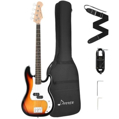Donner DPB-510S Full-Size Full Size 4 String Electric Bass Guitar Sunburst with bag, guitar strap, and Guitar Cable. NEW - Lot 329