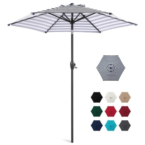 7.5ft Outdoor Market Patio Umbrella with Push Button Tilt, Crank Lift, Navy Stripe - Appears New   - Lot 465