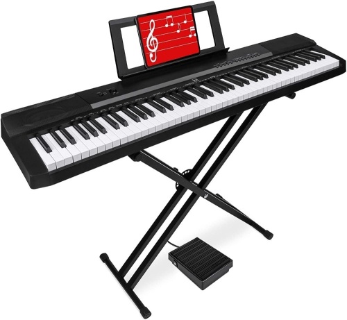 88-Key Full Size Digital Piano Electronic Keyboard Set for All Experience Levels w/Semi-Weighted Keys, Stand, Sustain Pedal, Built-In Speakers, Power Supply, 6 Voice Settings - Appears New  - Lot 470