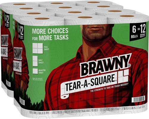 Brawny Tear-A-Square Paper Towels, 12 = 24 Regular Rolls, 3 Sheet Size Options, Quarter Size Sheets, 12 Count - Lot 533