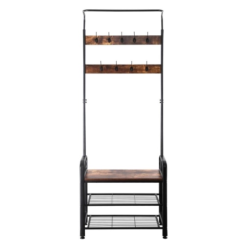 Industrial Coat Rack Shoe Bench, Hall Tree Entryway Storage Shelf, Wood Look Accent Furniture with Metal Frame - Appears New  - Lot 618