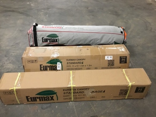 Lot of (3) E-Comm Return Eurmax Standard Pop-Up Canopy Tents, 2 Covers Missing - Used, Unknown Conditions - Lot 629