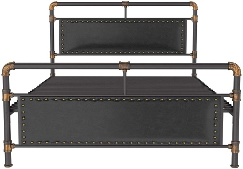 Mecor Vintage Metal Queen Bed Frame, Upholstered Faux Leather Nail Head Trim Headboard/Footboard, Steel Slat Support, Industrial Water Pipe Design - E-Comm Return, Appears New  - Lot 658