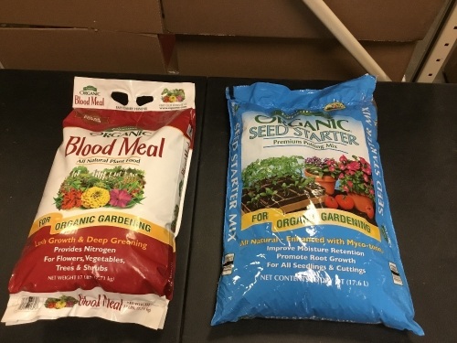 17 lb Bag of Blood Meal Plant Food, and a Bag of Organic Seed Starter. New with Small Holes in Both Bags - Lot 667